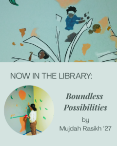 Detail of human figures springing from book pages; detail of student painting a mural on the wall.