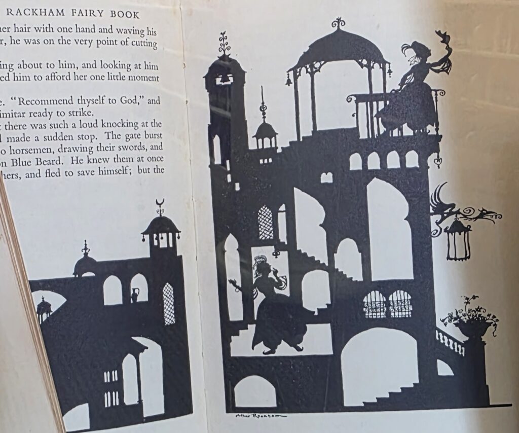 Black and white silhouette illustration of oriental style fairy-tale characters in a house.